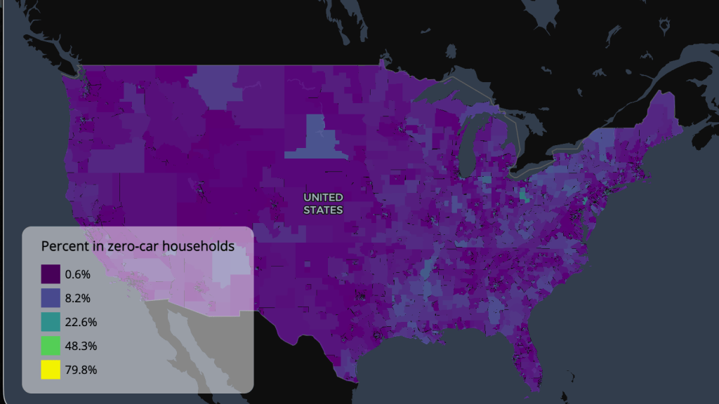 A map of the United States showing the percentage of households with zero cars, color-coded to represent different percentage ranges from 0.6% to 79.8%.