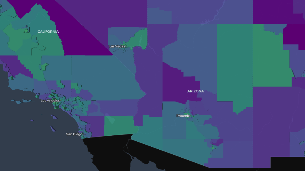 Map showing regions of California and Arizona, highlighting cities such as Los Angeles, San Diego, Las Vegas, and Phoenix with varying colors.