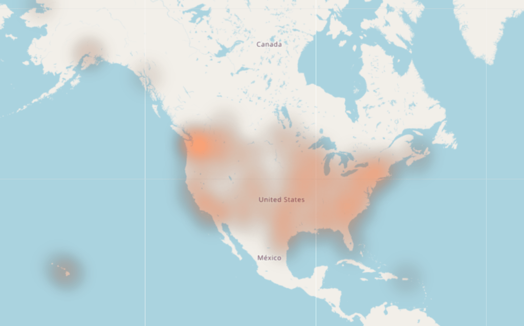 A map of North America highlighting areas in the United States and Mexico with a gradient of orange indicating varying data intensity.